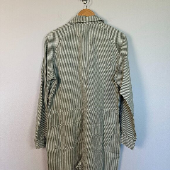 Outerknown Women’s Station Jumpsuit Long Sleeve Pockets Pinstripe Green Cream S - Picture 5 of 15